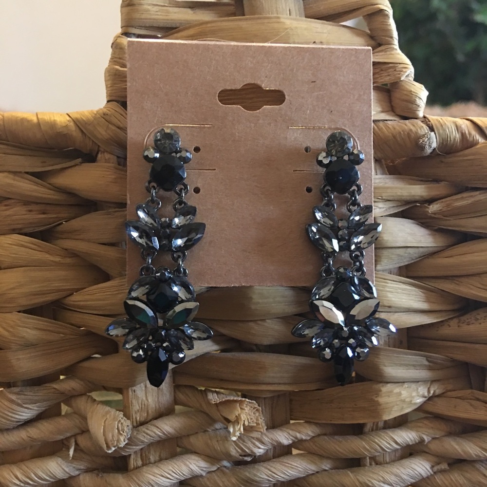 Chandelier black smoky stone chrome drop earrings